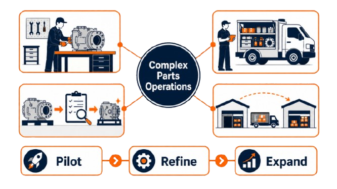 Complex automotive and heavy-equipment parts operations across service bays, field technicians, repairable components, warranty processing, and branch locations