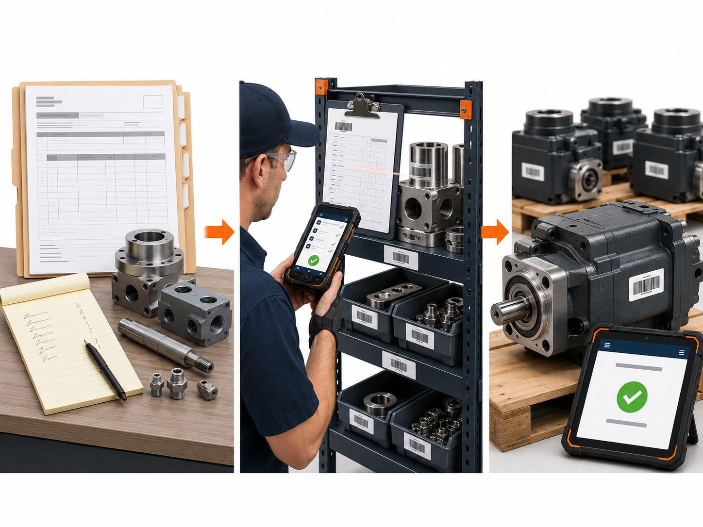 Manufacturing process progressing from paper production records to barcode-driven mobile manufacturing execution
