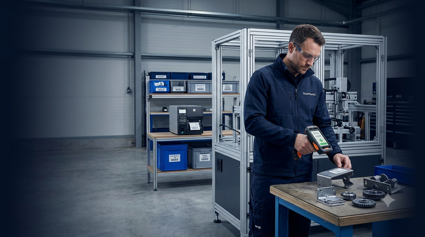 Manufacturing employee using ScanWorkX to scan staged components for a Dynamics 365 production workflow