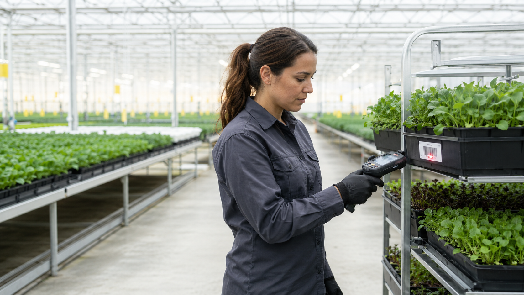 Greenhouse worker scanning crop inventory with a handheld barcode scanner using ScanWorkX for Microsoft Dynamics 365 agriculture and crop production.