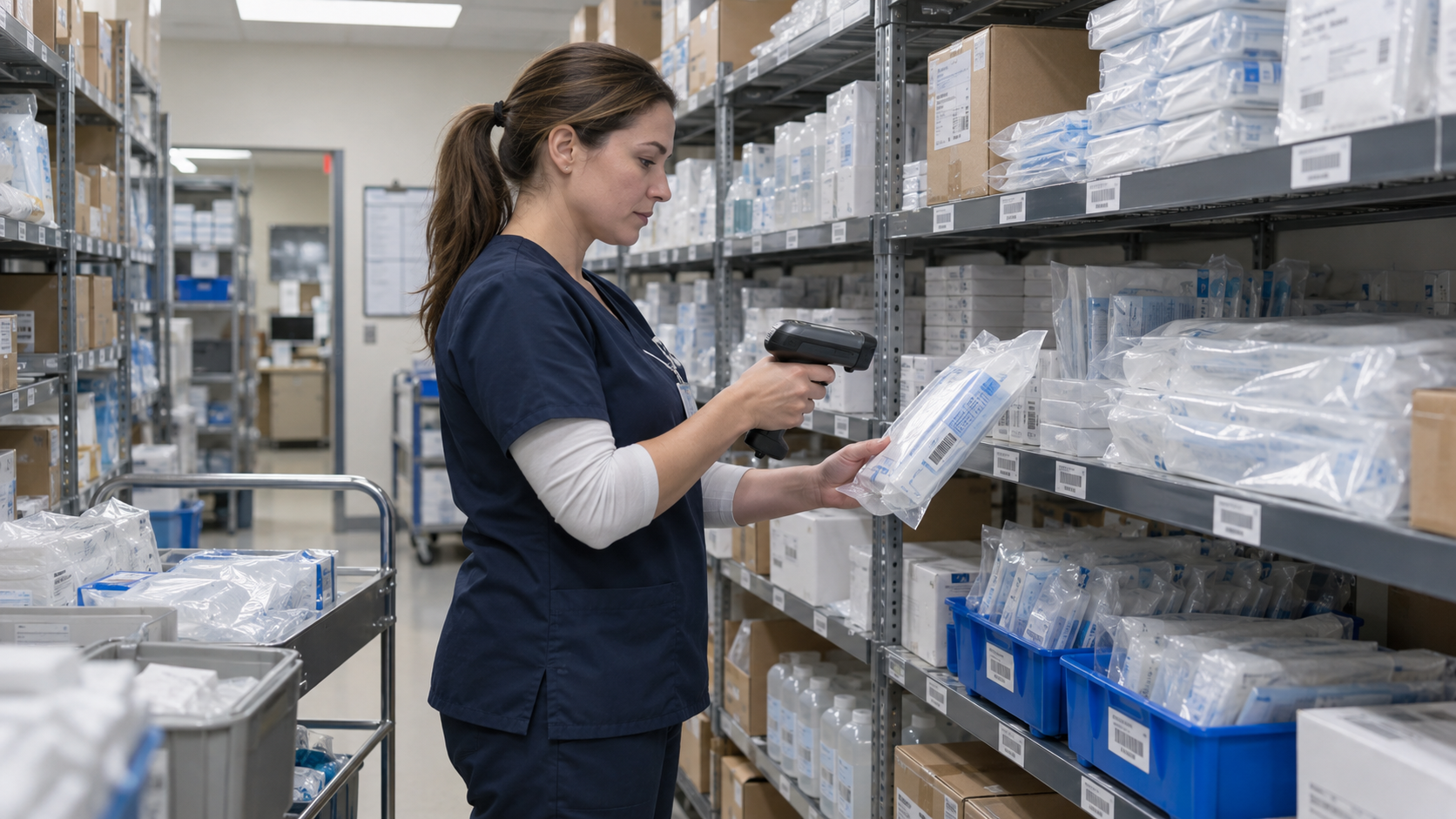 Dialysis facility supply coordinator scanning treatment-support inventory in an organized stockroom