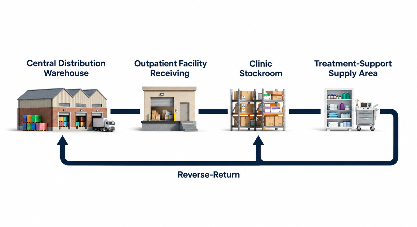 Healthcare supply network showing inventory moving from central distribution through outpatient facilities, stockrooms, and treatment-support areas