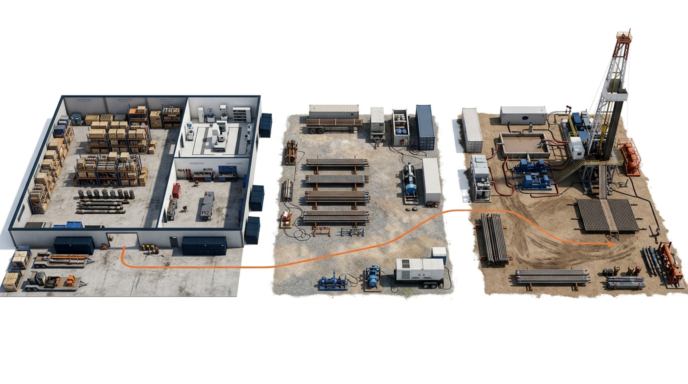Oilfield equipment tracking environments from service center to equipment yard and drilling wellsite