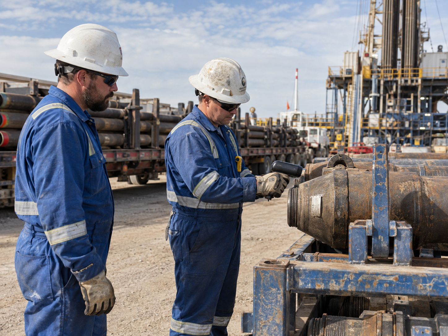 Oilfield technician scanning serialized drilling equipment during a field equipment handoff