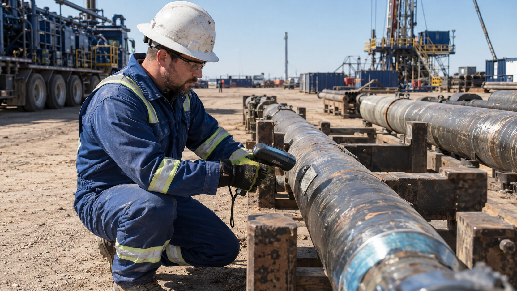 Oilfield technician scanning serialized drilling equipment at an equipment yard using a rugged mobile barcode device