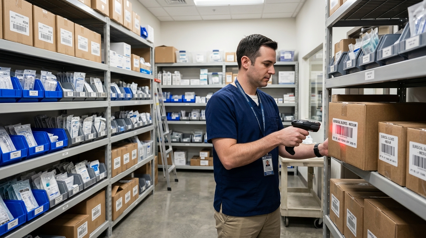 Healthcare supply chain employee scanning medical supplies in an outpatient facility stockroom using ScanWorkX with Microsoft Dynamics 365 Supply Chain Management.